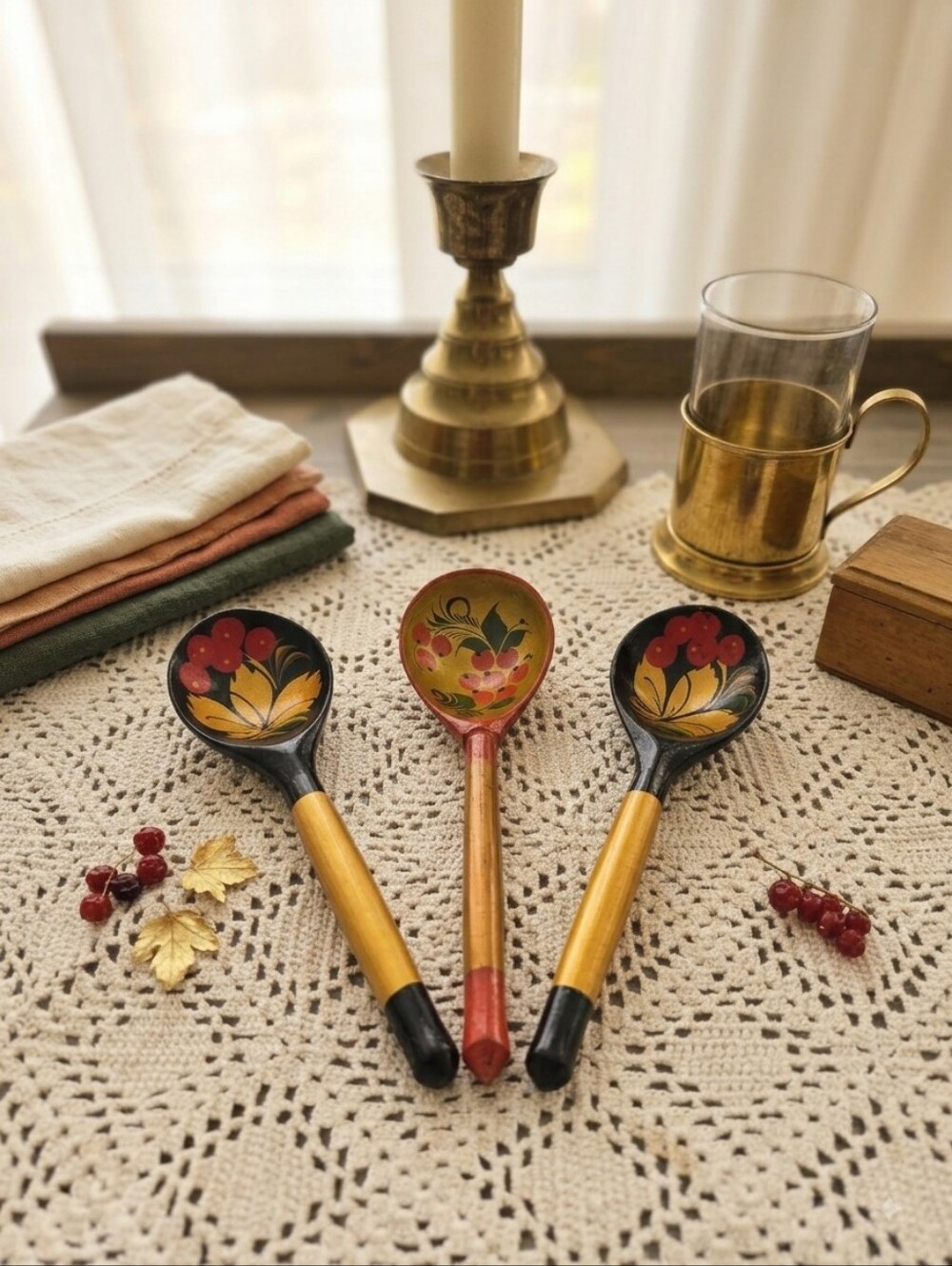 Vintage Russian Khokhloma Hand-Painted Wooden Spoons - Set of 3